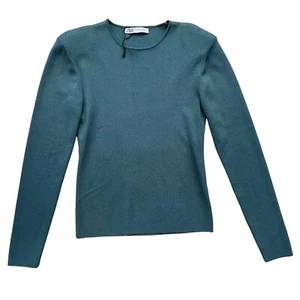 Zara Damen XL türkis grün Schulterpolster gerippt Nylon Langarm tailliert Pullover - Bild 1 von 18