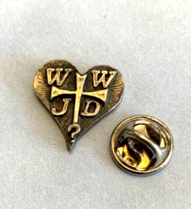 Vintage WWJD What Would Jesus Do? Pewter Lapel, Hat, Tie Pin w Back, Heart Shape - Picture 1 of 2