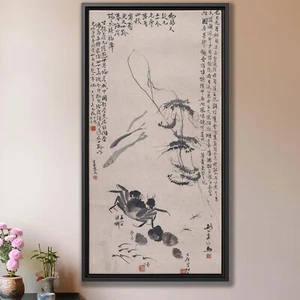Pintura en lienzo de camarones chinos enmarcados arte acuático japonés decoración de pared minimalista - Imagen 1 de 9