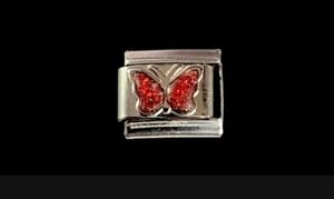 New Red Sparkley Butterfly Charm Nomination Style Silver Classic Link  Bracelet 