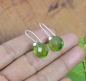 925 SOLID STERLING SILVER CUT GREEN PERIDOT HOOP EARRING -1.2 INCH B - Picture 1 of 4