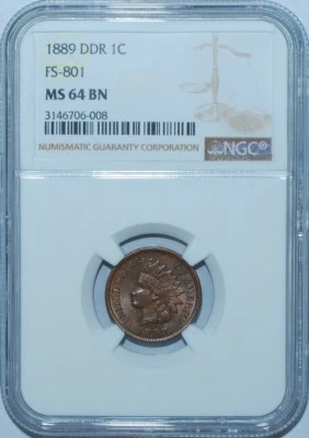 1889 NGC MS64BN Brown FS-801 DDR Double Doubled Die Reverse Indian Cent - Image 1 of 4