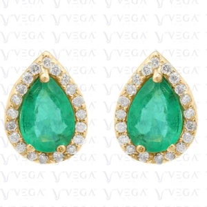 4.50ct Pear Cut Natural Emerald & Diamond Stud Earring 14K Solid Yellow Gold - Picture 1 of 9