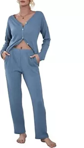 Ekouaer Womens Waffle Knit Pajamas Loungewear Two-piece Sleepwear Button-Down Pj - Picture 1 of 5