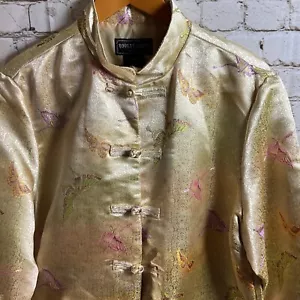 Chaqueta mandarín Robert Louis vintage nueva con etiquetas talla XL dorada floral mezcla seda mariposa - Imagen 1 de 9