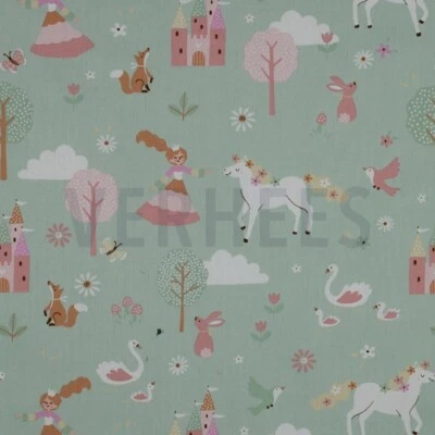 Popeline Prinzessin Schloß mint Kinderstoff Öko-Tex Standard  ab 50cm x 148cm - Bild 1 von 4