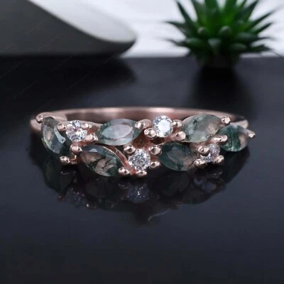 Banda de ágata musgo natural con forma de marquesa de 5x3 mm de oro macizo de 9 k banda de circonita cúbica Foto 1 de 4