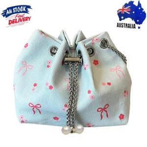 Women Corduroy Bucket Bag Bow Print Shoulder Bag Chain Handbag for Travel (Blue) - Picture 1 of 12