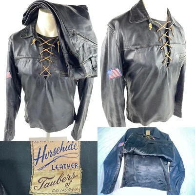 VTG 50S M TAUBERS HORSEHIDE LEATHER MOTORCYCLE LACED PULLOVER SHIRT JACKET PANTS - Image 1 of 4