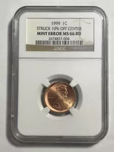 1999 1c Lincoln Cent Struck 10% Lff-Center Mint Error NGC MS66 RD - Picture 1 of 4