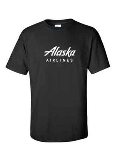 Alaska Airlines White Retro Logo US Aviation Black Cotton T-Shirt - Picture 1 of 3