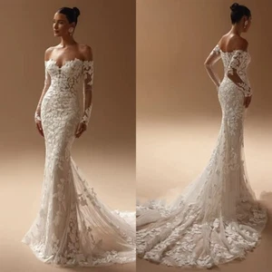 Luxury Mermaid Wedding Dress Off Shoulder Long Sleeve Lace Applique Bridal Gowns - Picture 1 of 12