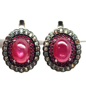925 Sterling Silver 6 x 8 MM. Red Ruby & Fancy Color Sapphire Two Tone Earrings - Picture 1 of 4