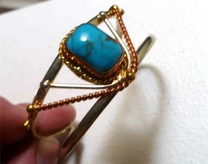Blue Turquoise, Brass, Copper, German Silver CUFF BRACELET Tri-Metal - Picture 1 of 1