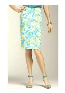 TALBOTS Teal Green Yellow White Watercolor Pencil Skirt Size 8 Lined Knee Length - Picture 1 of 16