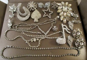 LOT Vintage CLEAR RHINESTONE JEWELRY SOME PARTS PIECES SOME ART DECO - Picture 1 of 21