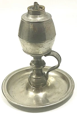 Lámpara de aceite de ballena con fuente de barril de peltre americano antigua rara, Boardman, Hartford, CT Foto 1 de 4