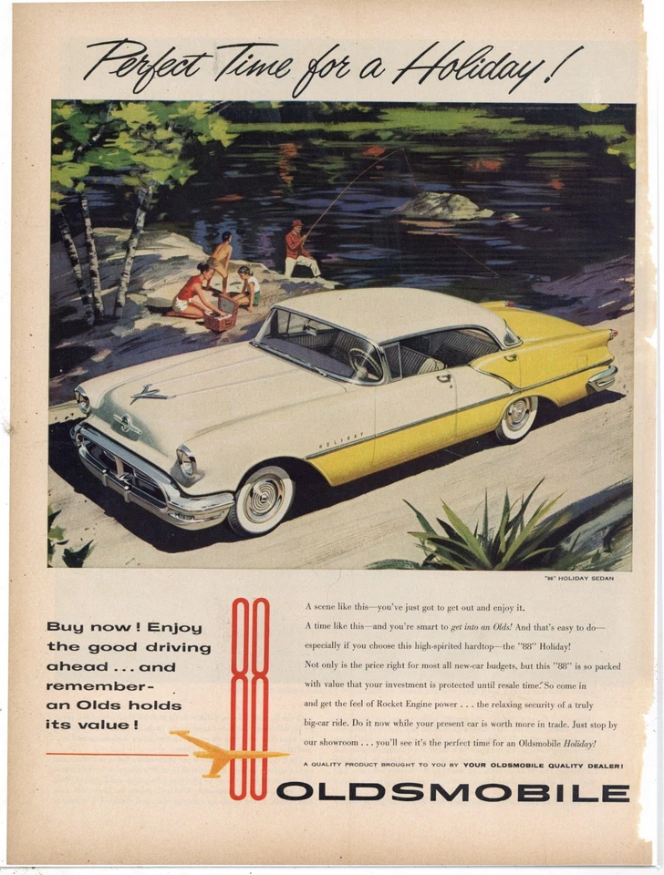1956 Oldsmobile Auto Ad: 88 Holiday 4 Door Sedan in Yellow & White - Image 1 of 1