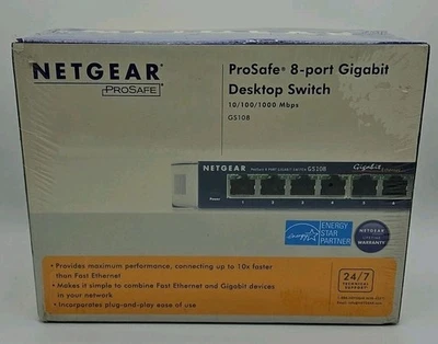 Netgear Prosafe 8 Port Gigabit Switch GS108 10/100/1000 Mbps New Free Shipping  - Image 1 of 4