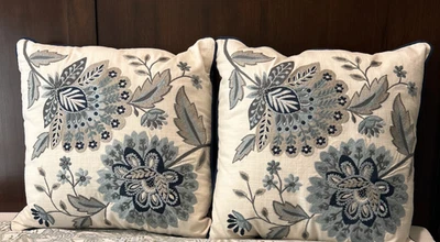 Pier 1 Imports TWO Floral Embroidered Beaded Blue Flowers 18” Throw Pillow Decor - Image 1 of 4