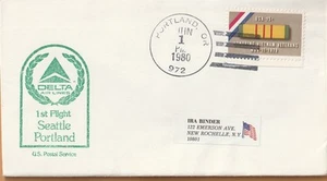 Cubierta de correo aéreo de Estados Unidos 1980 primer vuelo de Delta Airlines Seattle Portland - Imagen 1 de 2
