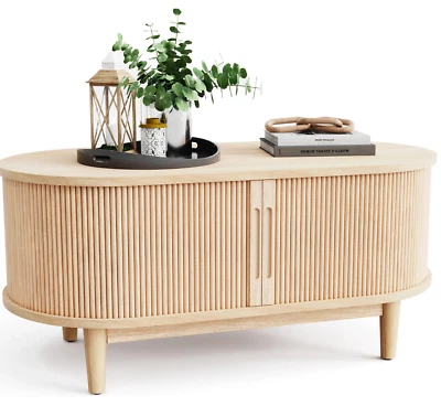 Mesa de centro ovalada acanalada acanalada de 39" de ancho moderna de mediados de siglo con puertas correderas de pandereta Foto 1 de 4