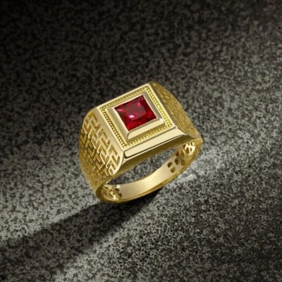 14k Yellow Gold Plated Silver 2Ct Princess Cut Natural Red Ruby Mens Pinky Ring - Image 1 of 4