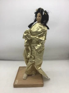 Vintage Japanese Nishi Snow Queen Doll 17" Wearing Gold Kimono On Wooden Base - Picture 1 of 8