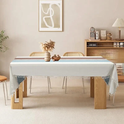 118*55" Coffee+Blue Rectangular Tablecloth Stripes Table Cover W/tassel Napkins - Image 1 of 4