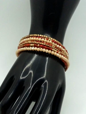 Brazalete Southwestern Multi Piedra Cuentas Rojo Cobre Beige Memoria Alambre Boho Foto 1 de 4