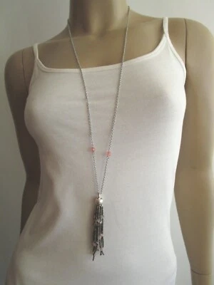 Damen Hals Kette lang Modekette Silber Rosa Melonenquarz Lagenlook Quaste - Bild 1 von 4