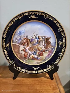 Antico piatto da battaglia Sevres dipinto a mano Taillebourg 9 3/8" Francia - Foto 1 di 11