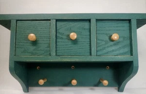 Handmade Oak Wood Country Farm House Wall Rack w/ Drawers Distressed Green Paint - Picture 1 of 12