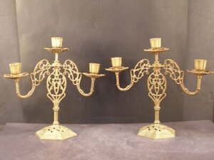 Antique Arts & Crafts Aesthetic Solid Brass Candle Stick Holder Candelabra Stand