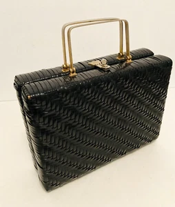 Walborg Hong Kong Handmade Woven Box Purse Handbag Black Metal Handle Vtg MCM - Picture 1 of 19