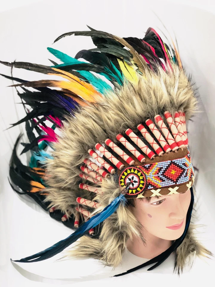 Indian Headdress Native American Feather Head Dress Large Rainbow Headdress - Image 1 of 4