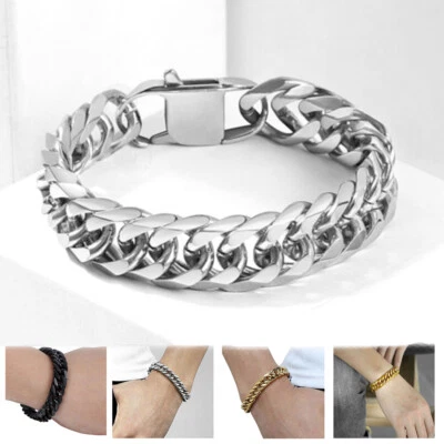 Brazalete de eslabones Rombo cubano con bordillo de 10/15 mm enchapado en oro cadena de acero inoxidable 316L Foto 1 de 4