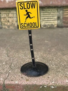 Vintage 1950's Tin Toy Tonka Sign SLOW SCHOOL Orange and Black 4 1/2" Tall - Picture 1 of 7