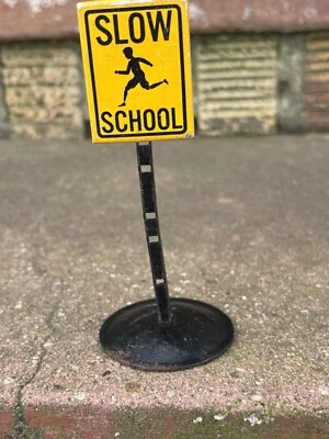 Vintage 1950's Tin Toy Tonka Sign SLOW SCHOOL Orange and Black 4 1/2" Tall - Image 1 of 4