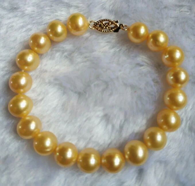 Красивый 7,5-8 «AAA 10-9 мм реальный натуральный Южных морей золотой жемчуг браслет 14k золото - Изображение 1 из 3