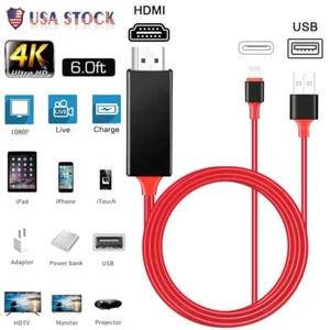 Mirror Charge Cable Phone to HDMI HDTV Adapter For iPhone 13 12 Pro Max iPad 9 8 - Picture 1 of 12