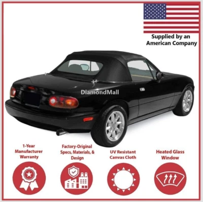 1990-05 Mazda Miata capota macia com janela de vidro aprovada pelo DOT, ajuste de precisão, preto - Imagem 1 de 2