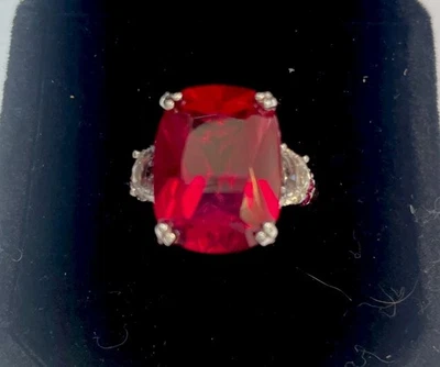 11.25 CTW Lab Created Ruby & .82CTW Lab Created White Sapphire Silver Ring SZ 7 - Image 1 of 4