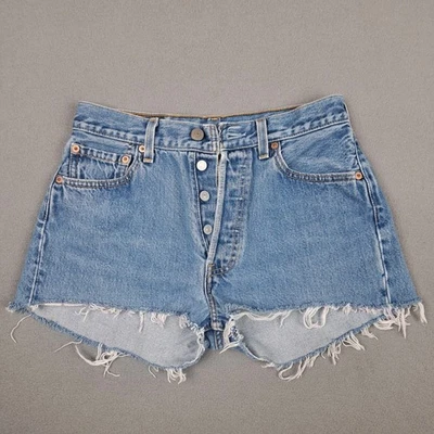 Pantalones Cortos Levis De Colección Para Mujer 2 Botones Azules Dobladillo Crudo Años 90 Hechos en EE. UU. Daisy Duke Foto 1 de 4