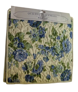April Cornell Placemats (4) Blue Floral on Cream Quilted Cotton 15"x15" Square - Picture 1 of 5