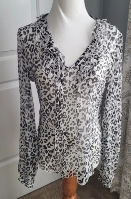 Blusa Tahari 100 % seda estampado animal/guepardo con volantes talla XS ¡Nueva con etiquetas! Foto 1 de 4