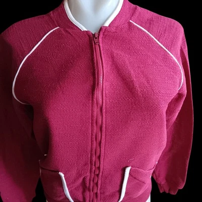 Small True Vintage Top Jacket 1970's Maroon Knit Bomber Piping JC Penney Disco  - Image 1 of 4