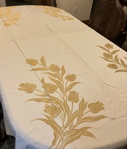 Eine (1) Vintage Damast Tischdecke zwölf (12) passende Servietten gold beige Tulpen - Bild 1 von 14