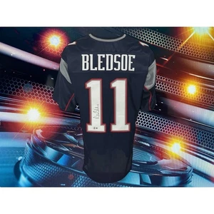 DREW BLEDSOE AUTOGRAPHED CUSTOM NEW ENGLAND PATRIOTS NAVY BLUE JERSEY COA BAS - Picture 1 of 2