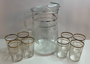 Bartlett Collins Krug & 8 Glas Set klar mit geätzten Trauben & Blättern Goldrand - Bild 1 von 18